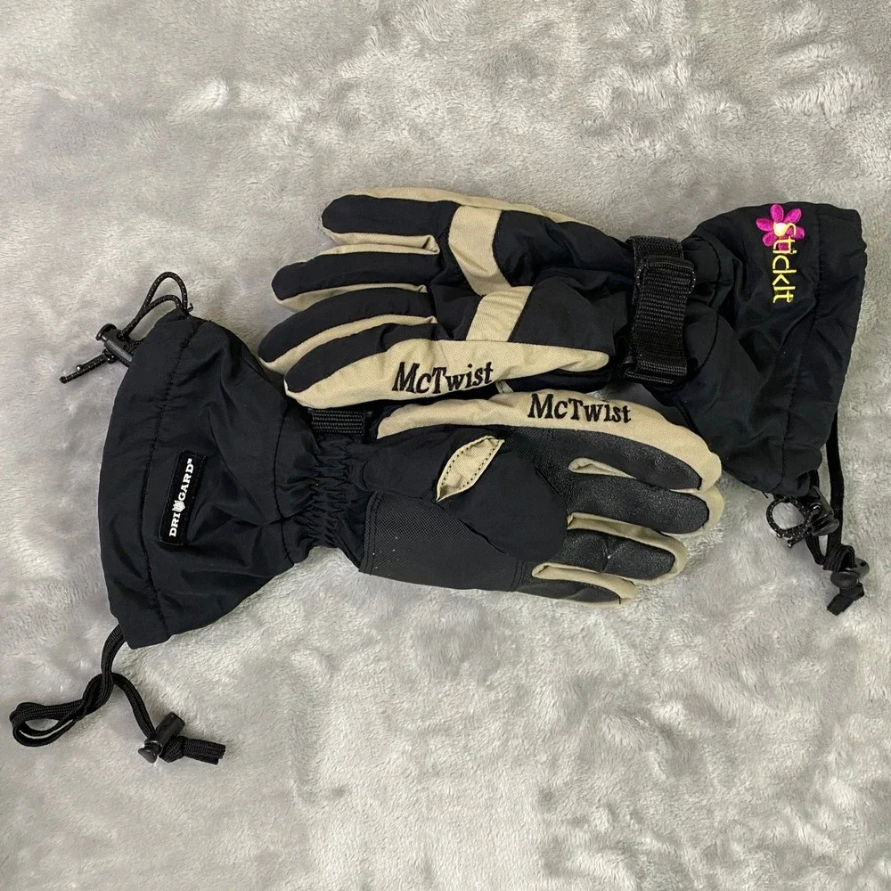 McTwist Ski Gloves Ladies Medium Black Tan Primaloft DriGard Waterproof Floral